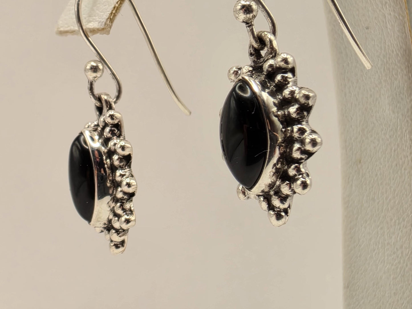 Black Onyx Earrings Sterling Silver Marquise Cabochon Beaded Sunburst Dangle 0.75 Inch Small Bali Gift for Her