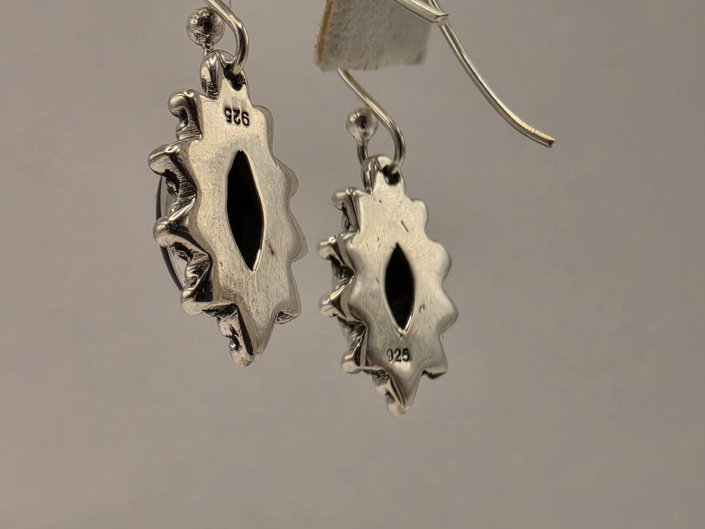 Black Onyx Earrings Sterling Silver Marquise Cabochon Beaded Sunburst Dangle 0.75 Inch Small Bali Gift for Her