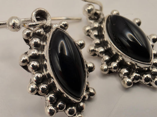 Black Onyx Earrings Sterling Silver Marquise Cabochon Beaded Sunburst Dangle 0.75 Inch Small Bali Gift for Her