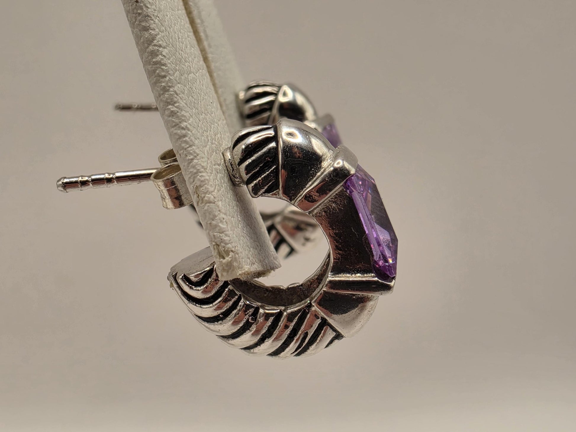 Genuine Amethyst Huggie Hoop Earrings Sterling Silver Baguette Purple Gemstone 0.5 Inch February Birthstone Gift