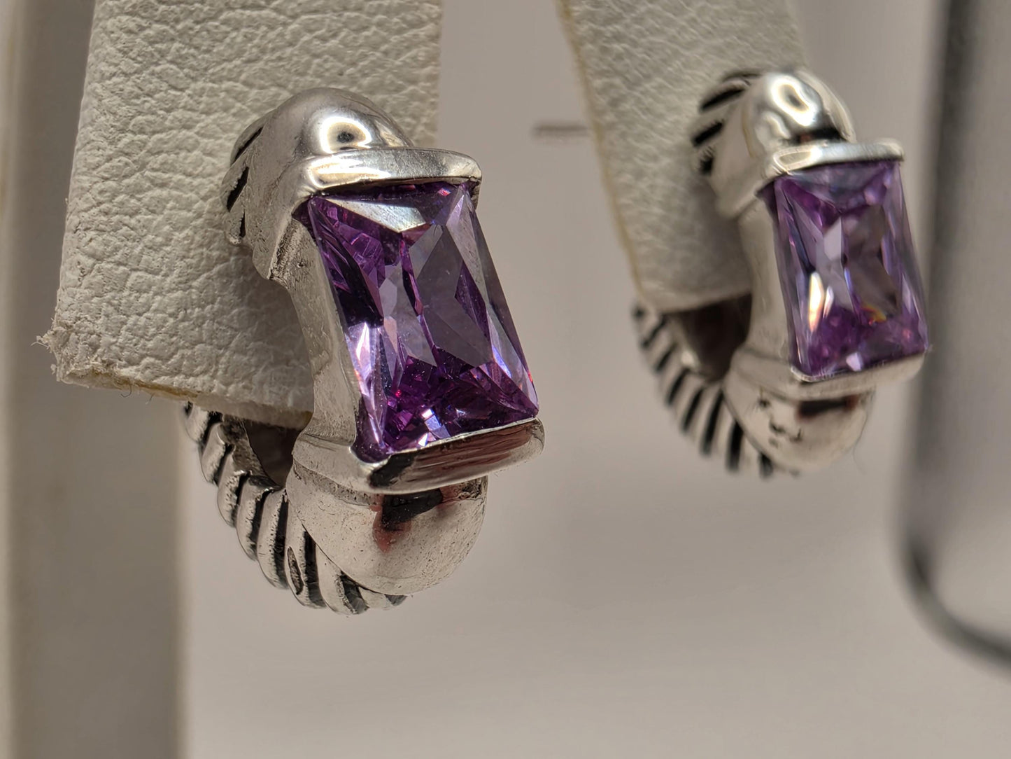 Genuine Amethyst Huggie Hoop Earrings Sterling Silver Baguette Purple Gemstone 0.5 Inch February Birthstone Gift