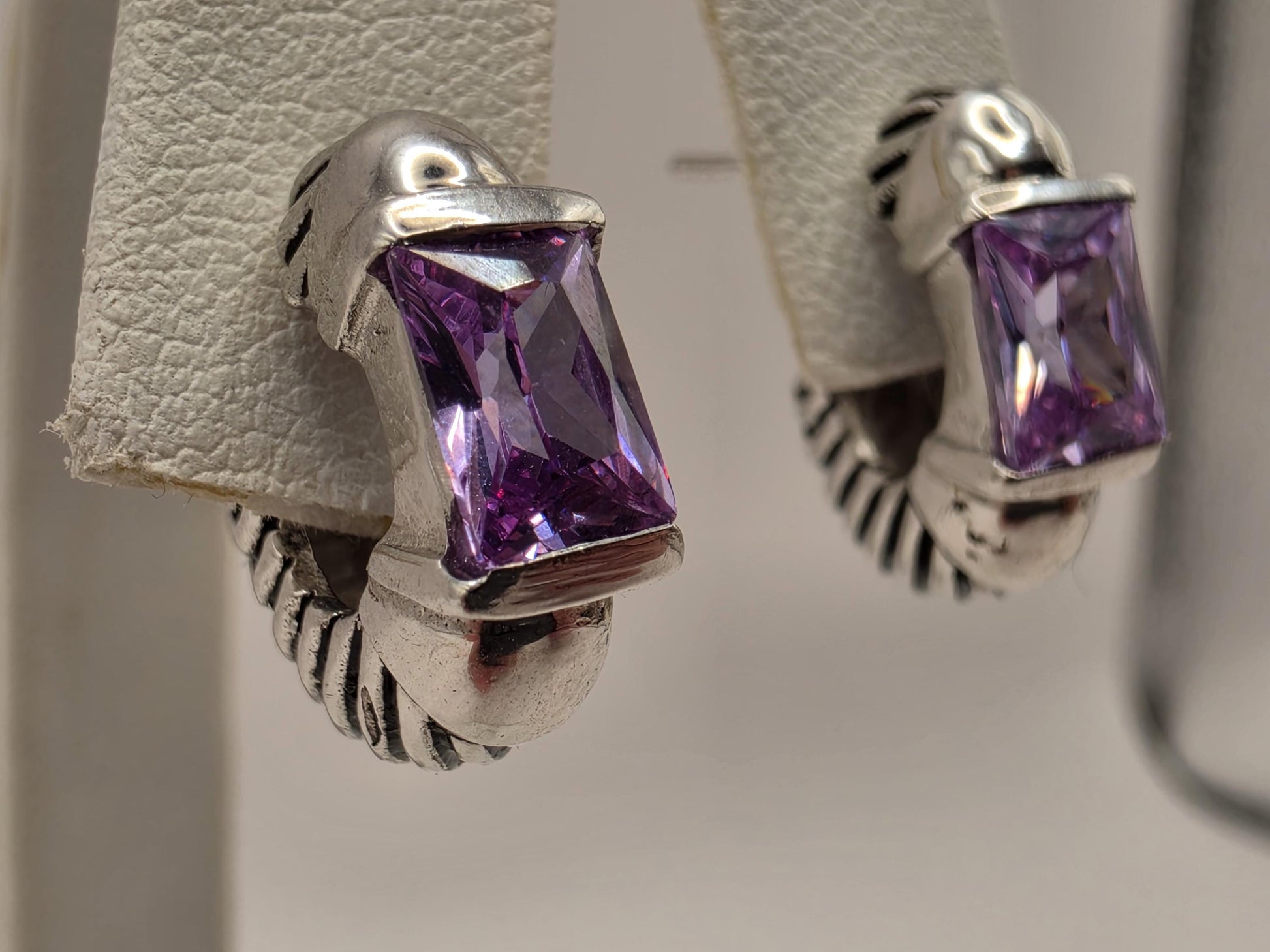 Genuine Amethyst Huggie Hoop Earrings Sterling Silver Baguette Purple Gemstone 0.5 Inch February Birthstone Gift