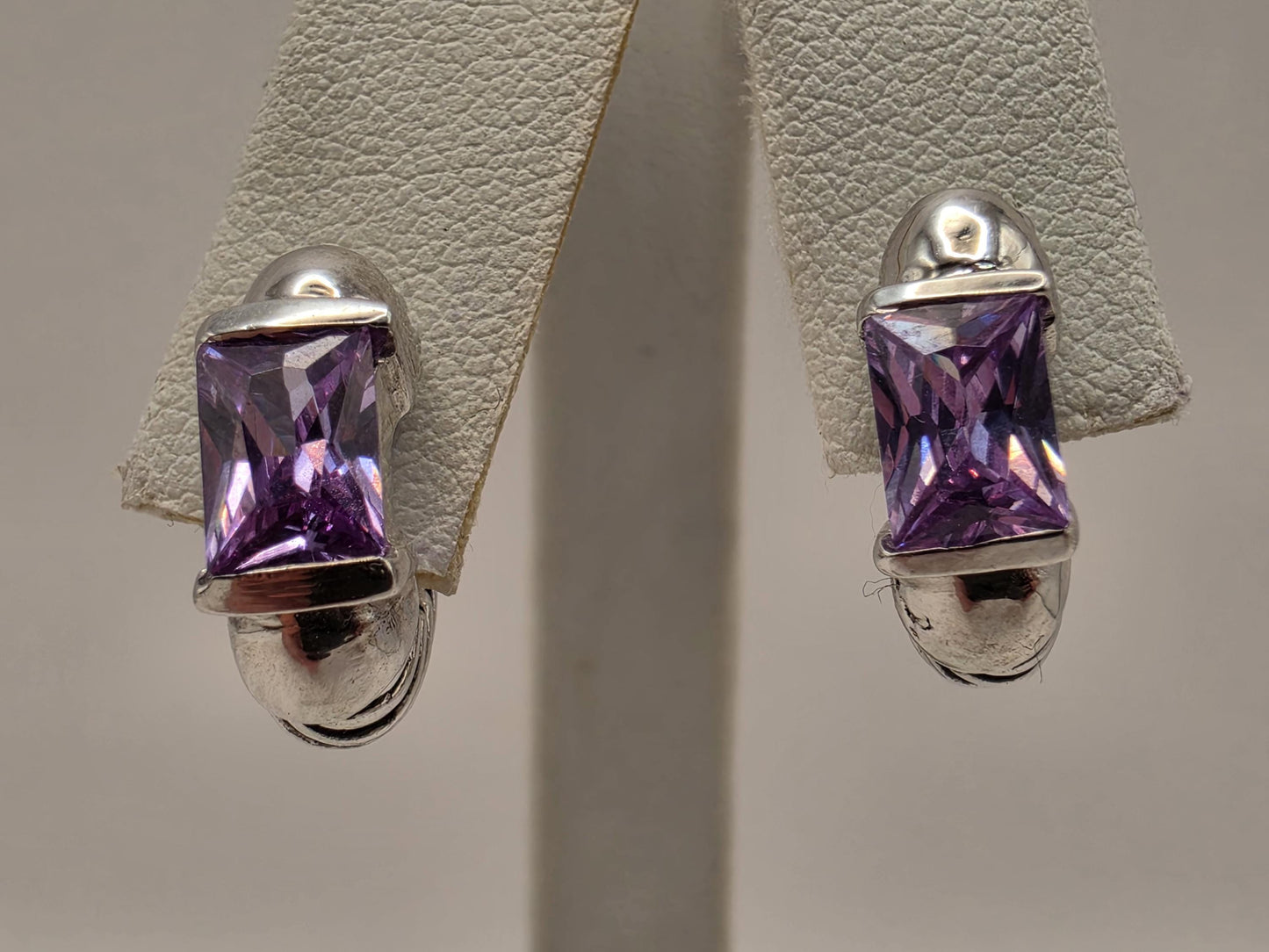 Genuine Amethyst Huggie Hoop Earrings Sterling Silver Baguette Purple Gemstone 0.5 Inch February Birthstone Gift