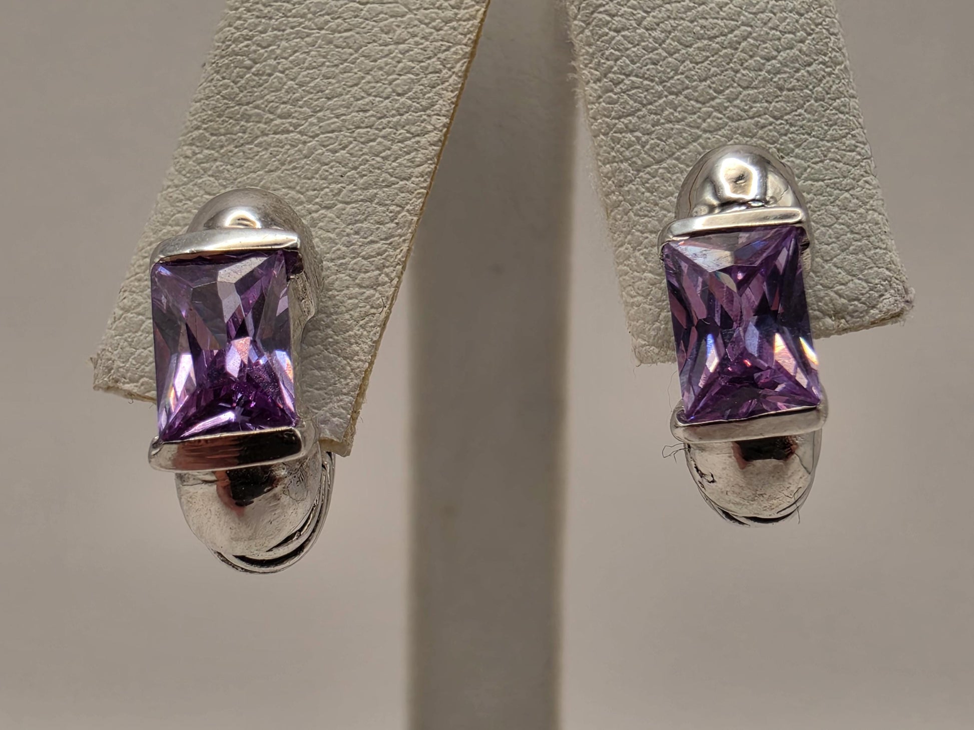 Genuine Amethyst Huggie Hoop Earrings Sterling Silver Baguette Purple Gemstone 0.5 Inch February Birthstone Gift