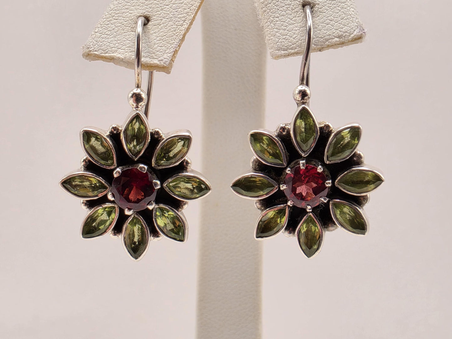 Garnet Peridot Flower Earrings Sterling Silver Floral Cluster Dangle 0.625 Inch Red Green Gemstone Birthstone Gift for Her