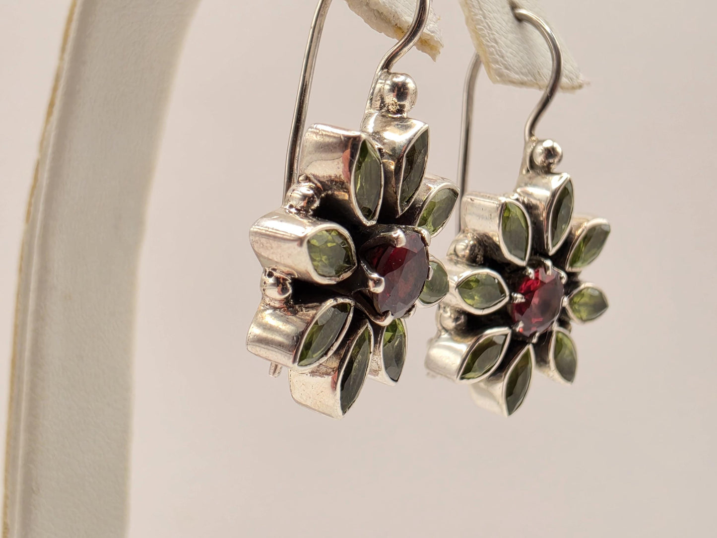 Garnet Peridot Flower Earrings Sterling Silver Floral Cluster Dangle 0.625 Inch Red Green Gemstone Birthstone Gift for Her