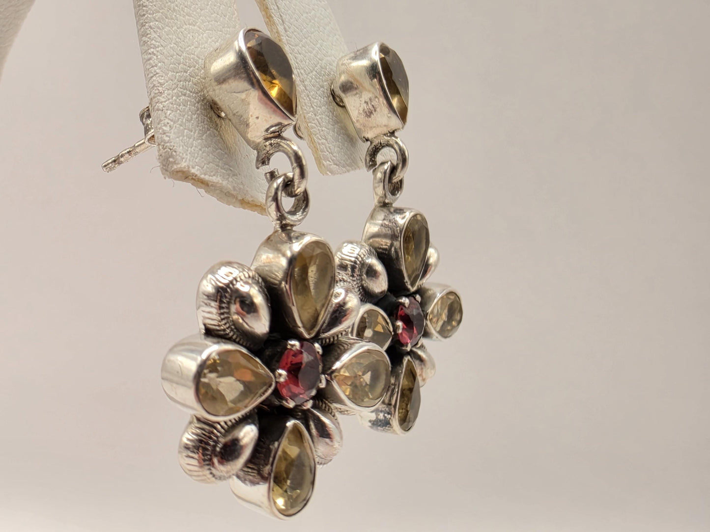 Citrine Garnet Flower Earrings Sterling Silver Floral Drop 1 Inch Yellow Red Gemstone November January Birthstone Gift