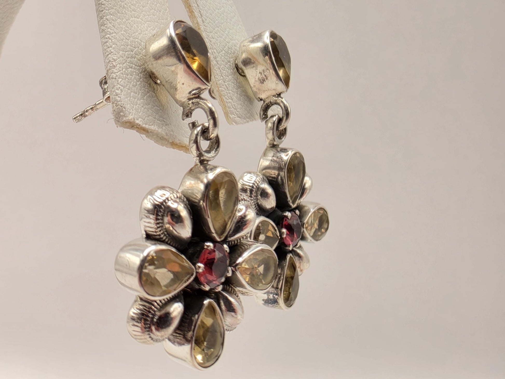 Citrine Garnet Flower Earrings Sterling Silver Floral Drop 1 Inch Yellow Red Gemstone November January Birthstone Gift