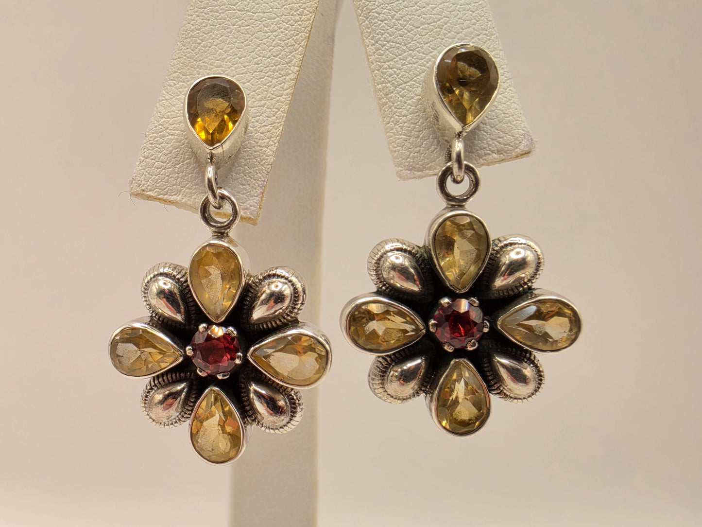 Citrine Garnet Flower Earrings Sterling Silver Floral Drop 1 Inch Yellow Red Gemstone November January Birthstone Gift