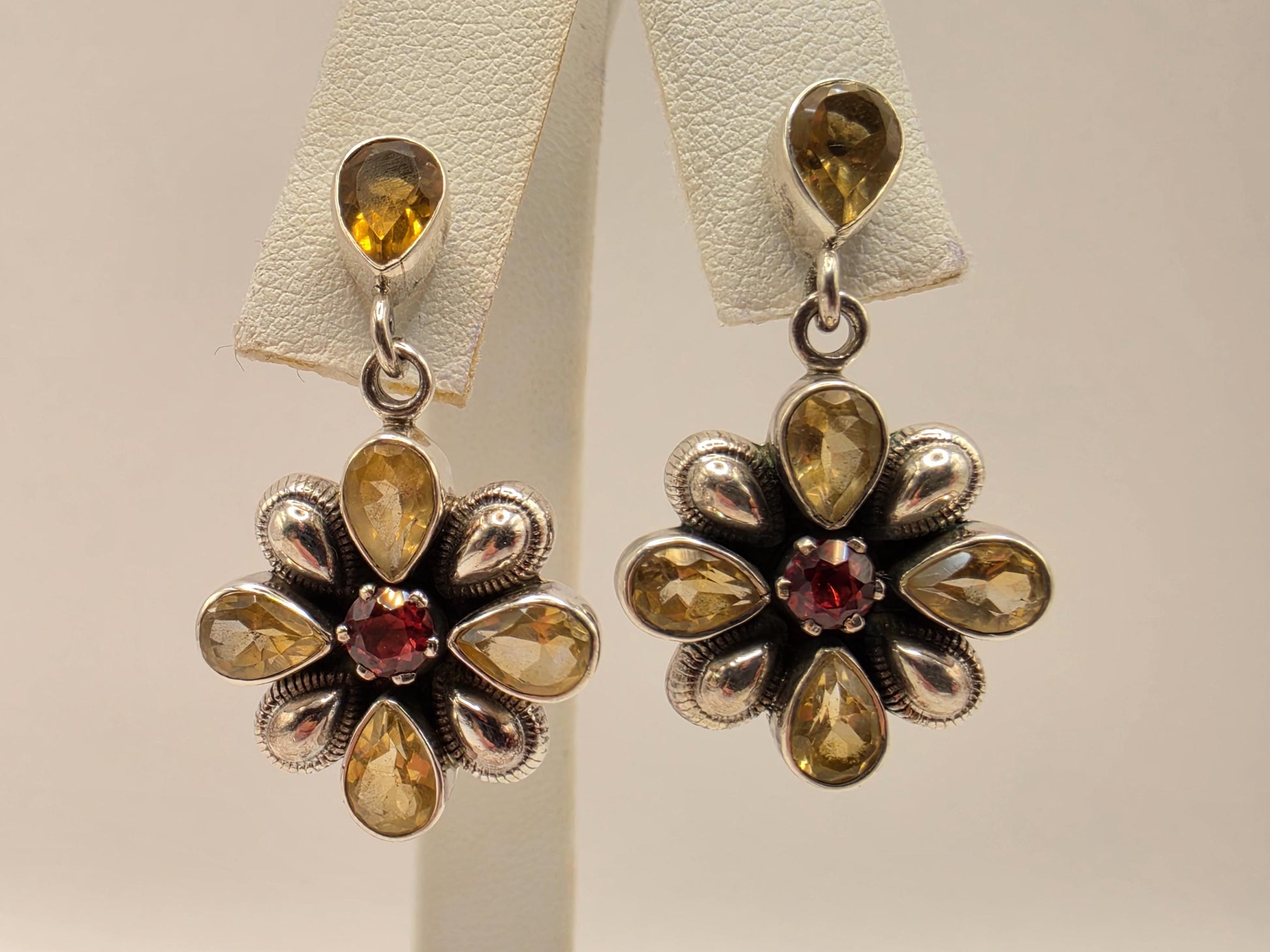 Citrine Garnet Flower Earrings Sterling Silver Floral Drop 1 Inch Yellow Red Gemstone November January Birthstone Gift