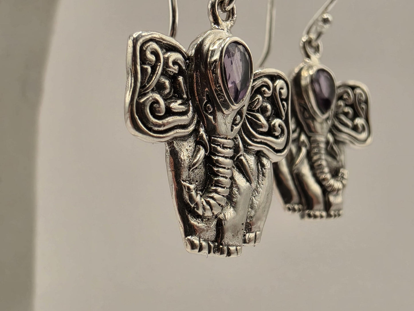 Amethyst Elephant Earrings Sterling Silver Bali Dangle 0.75 Inch Purple Gemstone Animal Lover Good Luck Gift for Her