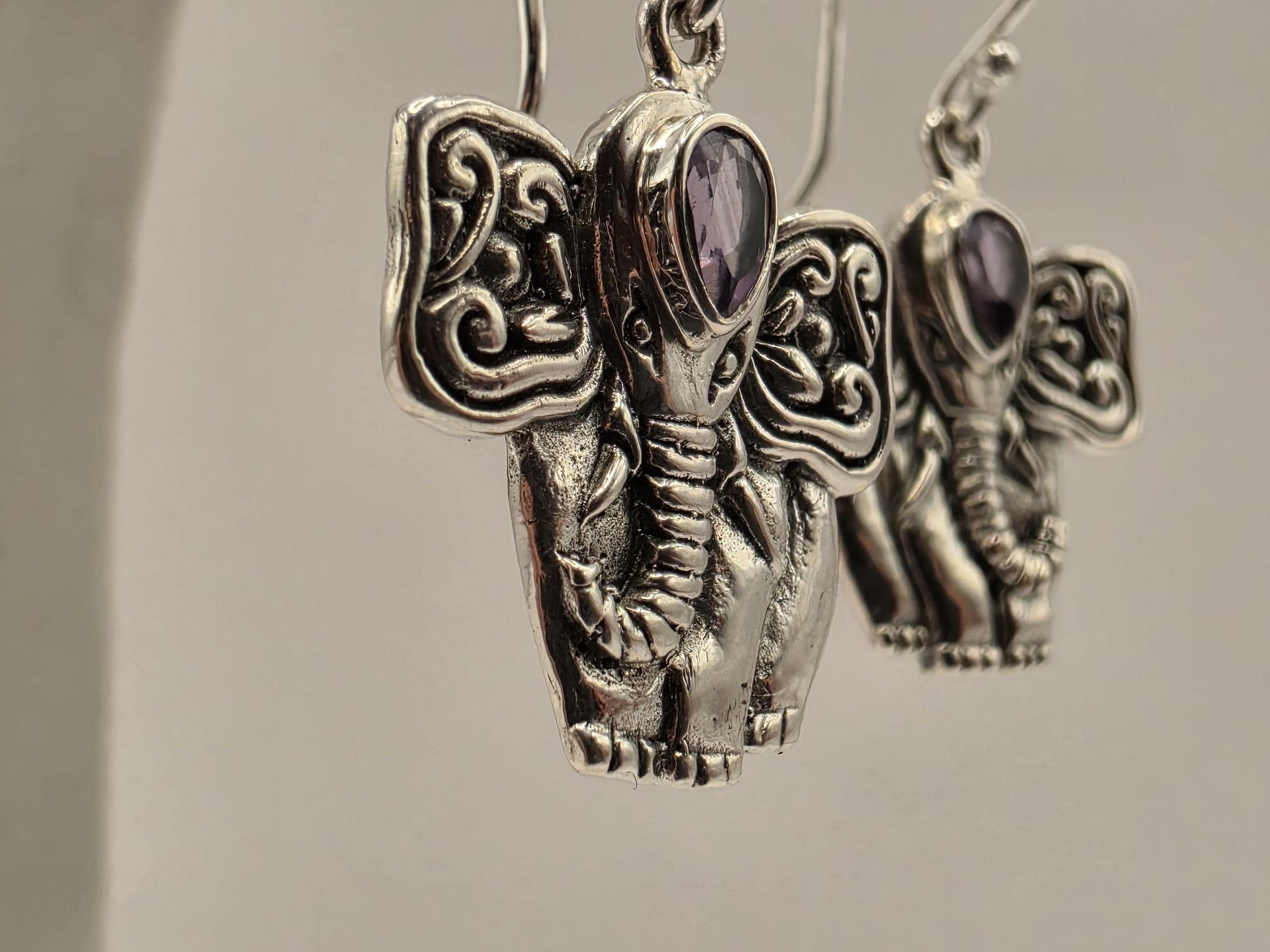 Amethyst Elephant Earrings Sterling Silver Bali Dangle 0.75 Inch Purple Gemstone Animal Lover Good Luck Gift for Her