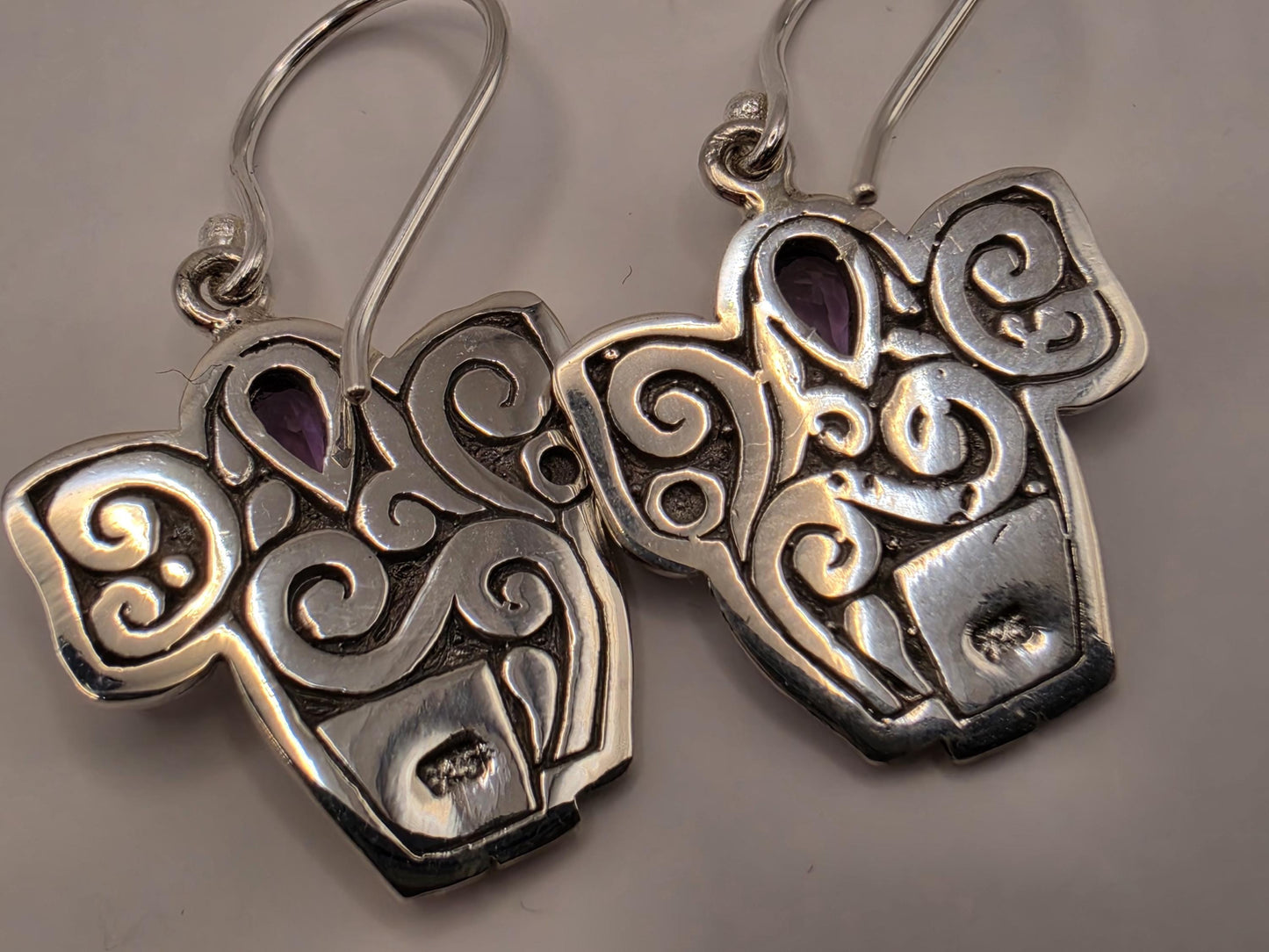 Amethyst Elephant Earrings Sterling Silver Bali Dangle 0.75 Inch Purple Gemstone Animal Lover Good Luck Gift for Her