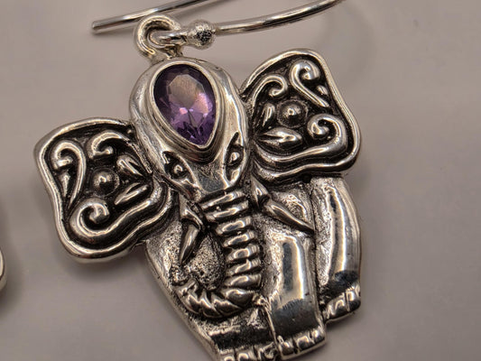 Amethyst Elephant Earrings Sterling Silver Bali Dangle 0.75 Inch Purple Gemstone Animal Lover Good Luck Gift for Her