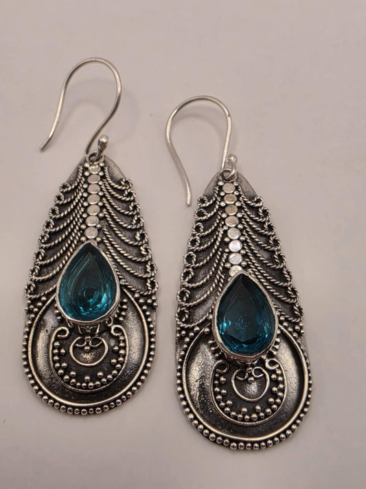 Blue Topaz Earrings Sterling Silver Ornate Teardrop Bali Dangle 1.25 Inch 8 Grams December Birthstone Gift for Her
