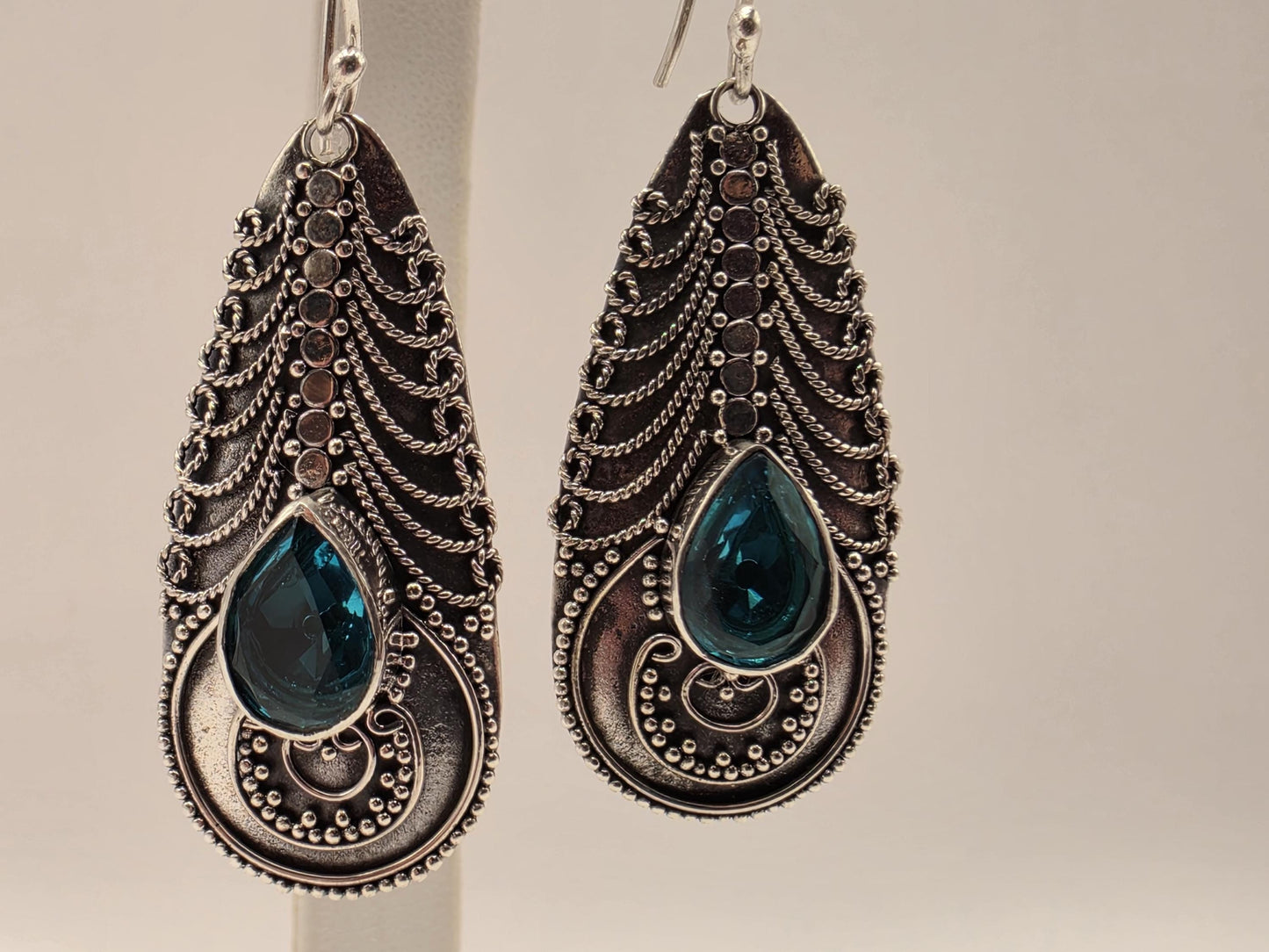 Blue Topaz Earrings Sterling Silver Ornate Teardrop Bali Dangle 1.25 Inch 8 Grams December Birthstone Gift for Her