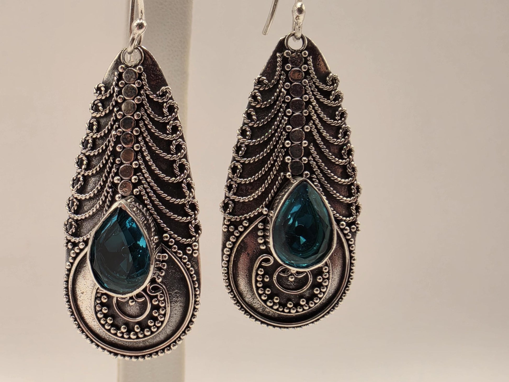 Blue Topaz Earrings Sterling Silver Ornate Teardrop Bali Dangle 1.25 Inch 8 Grams December Birthstone Gift for Her