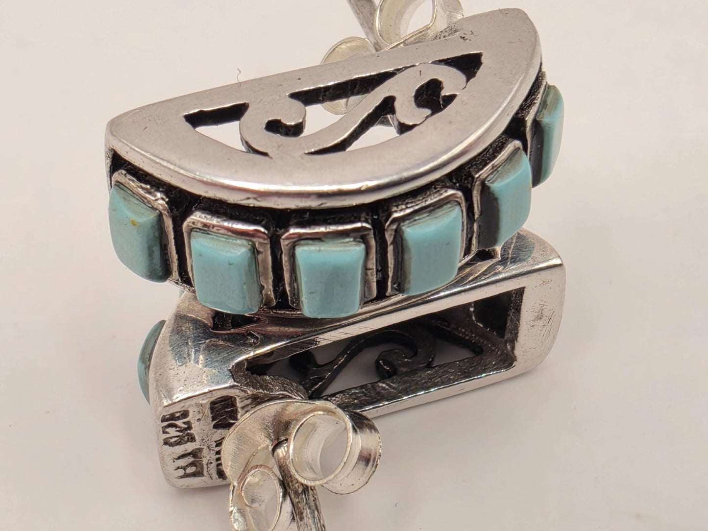 Turquoise Stud Earrings Sterling Silver Half Moon Fan Inlay 0.375 Inch Southwest Geometric Small Gift for Her