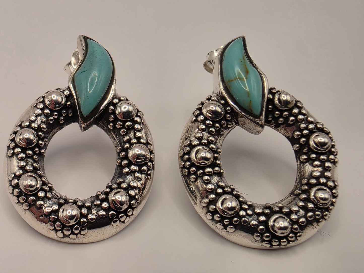 Turquoise Statement Earrings Sterling Silver Oval Hoop Dangle Granulated Bali 1 Inch 7.2 Grams Southwest Gift for Her