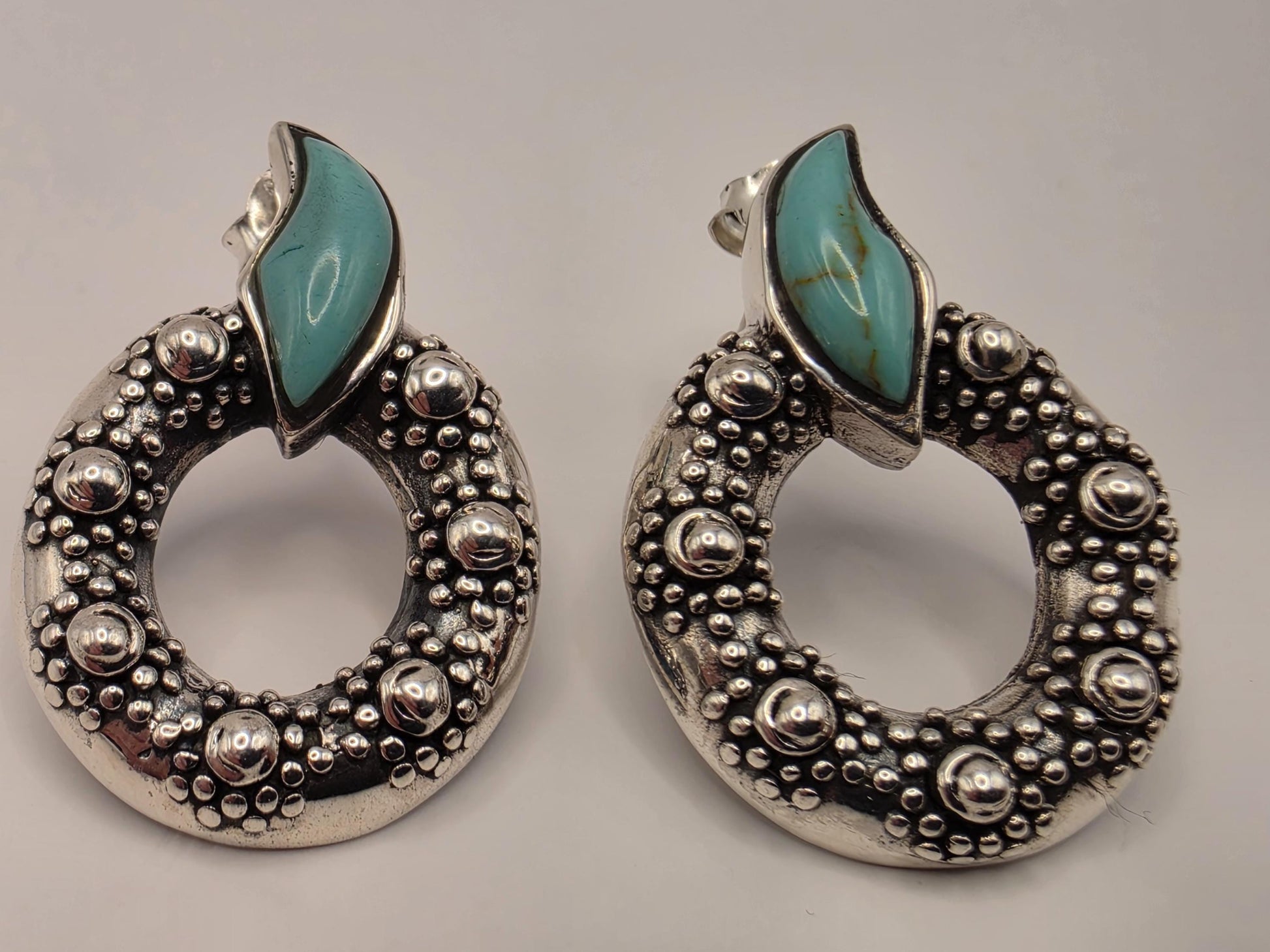 Turquoise Statement Earrings Sterling Silver Oval Hoop Dangle Granulated Bali 1 Inch 7.2 Grams Southwest Gift for Her
