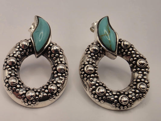 Turquoise Statement Earrings Sterling Silver Oval Hoop Dangle Granulated Bali 1 Inch 7.2 Grams Southwest Gift for Her
