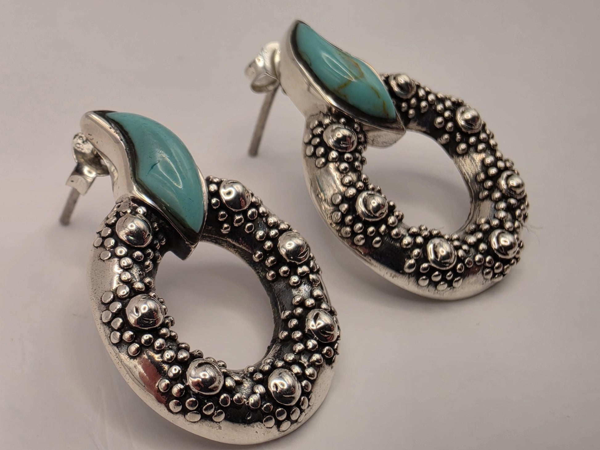 Turquoise Statement Earrings Sterling Silver Oval Hoop Dangle Granulated Bali 1 Inch 7.2 Grams Southwest Gift for Her