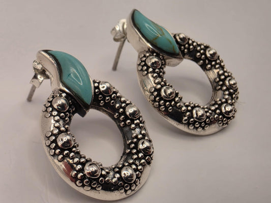 Turquoise Statement Earrings Sterling Silver Oval Hoop Dangle Granulated Bali 1 Inch 7.2 Grams Southwest Gift for Her