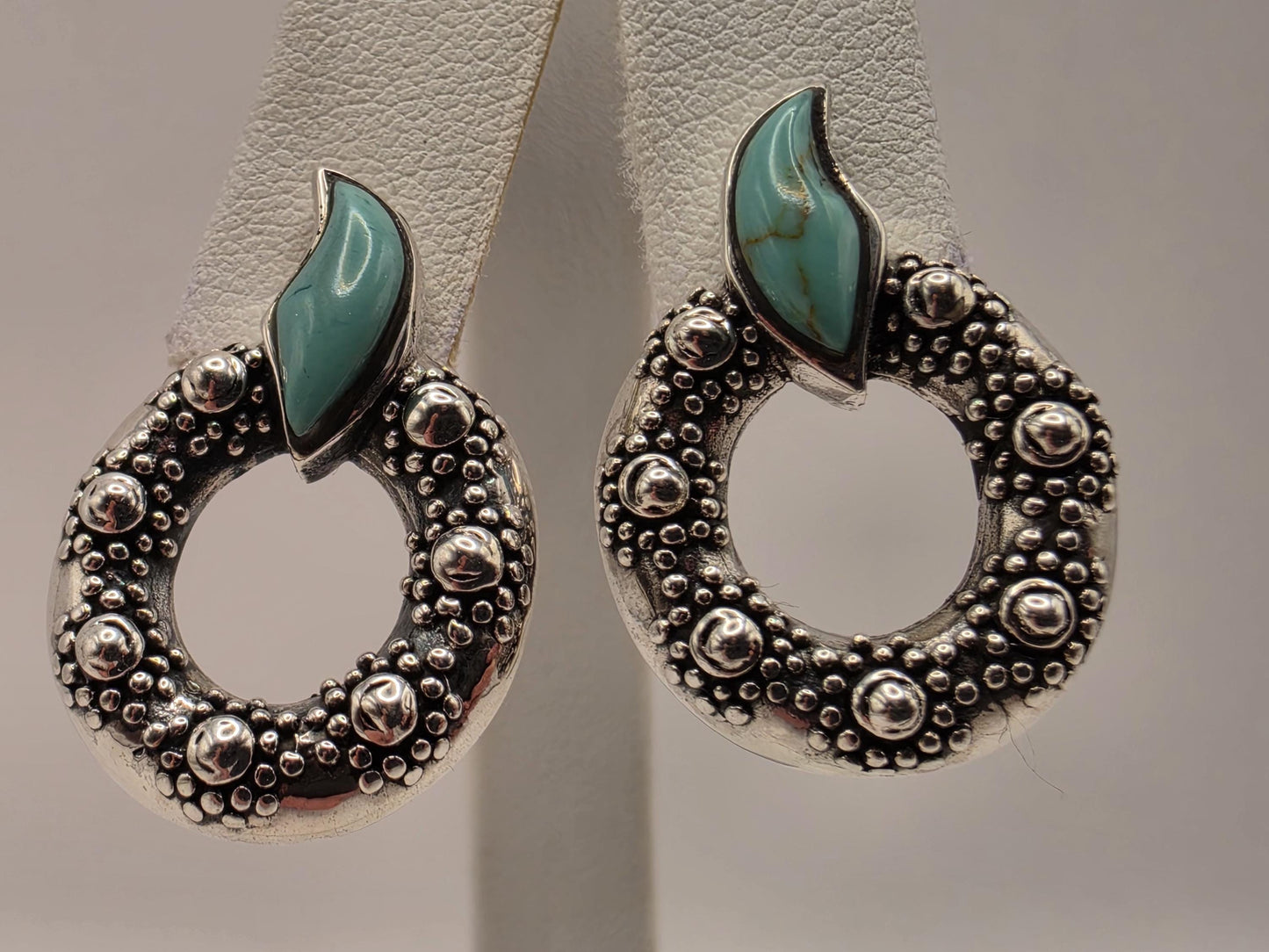Turquoise Statement Earrings Sterling Silver Oval Hoop Dangle Granulated Bali 1 Inch 7.2 Grams Southwest Gift for Her