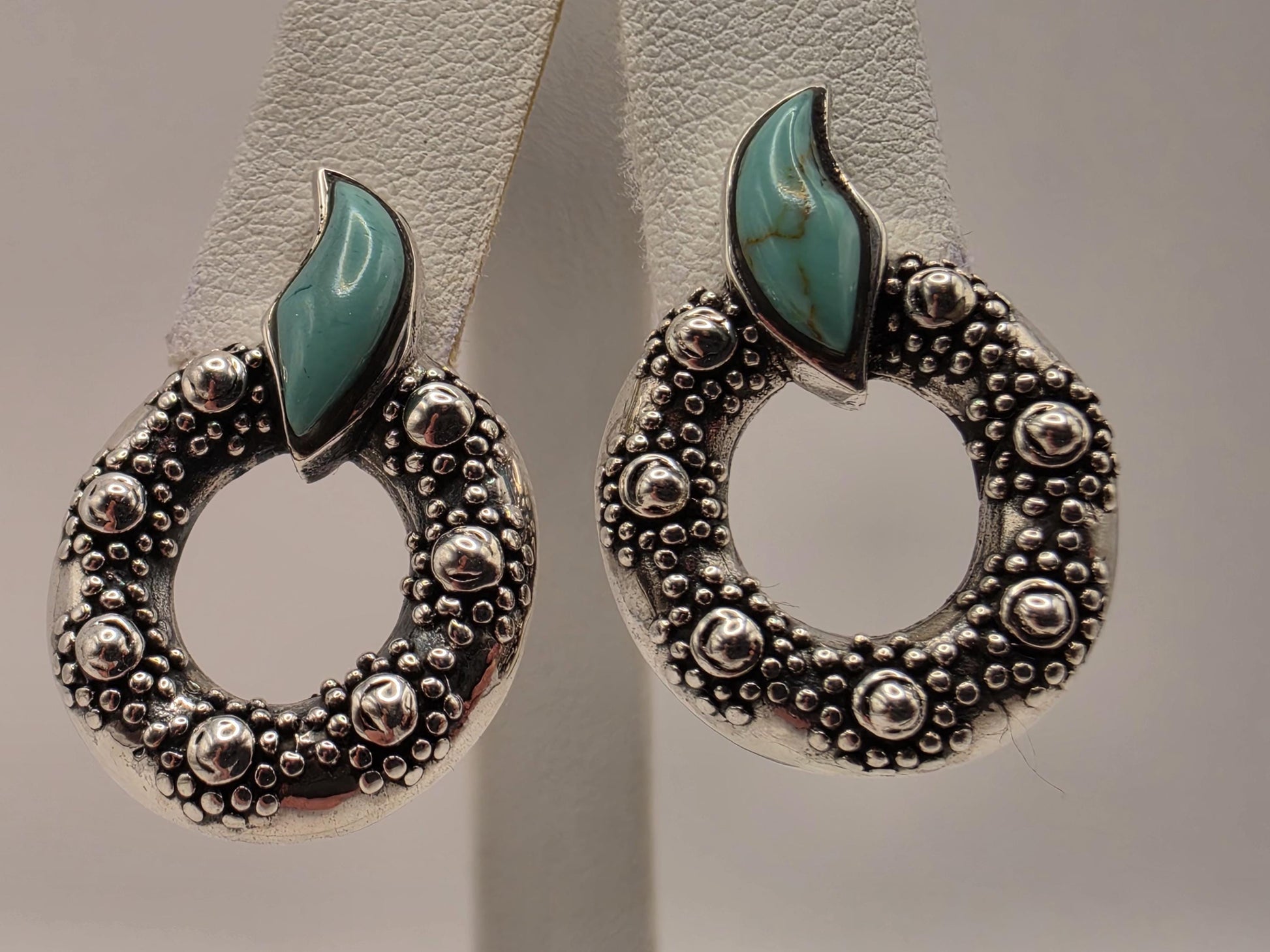Turquoise Statement Earrings Sterling Silver Oval Hoop Dangle Granulated Bali 1 Inch 7.2 Grams Southwest Gift for Her