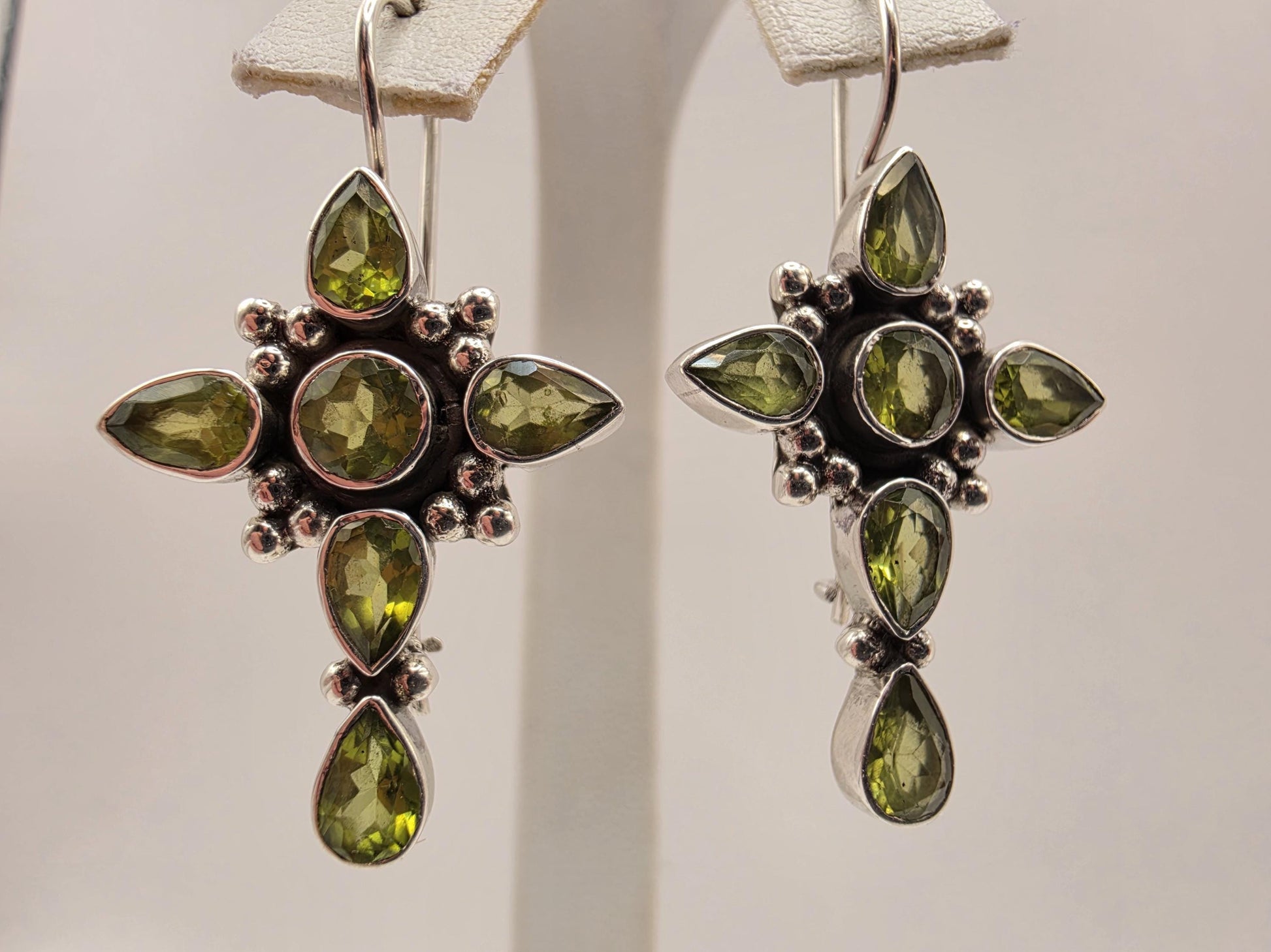 Peridot Cross Earrings Sterling Silver Multi Stone Dangle 1.25 Inch Green Gemstone Christian Faith August Birthstone Gift