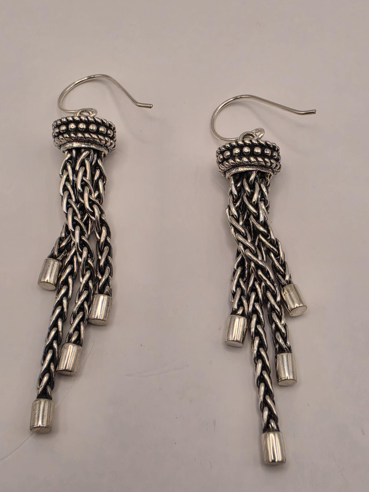 Sterling Silver Tassel Earrings Multi Strand Chain Dangle 2.25 Inch 14.7 Grams Oxidized Bali Statement Gift for Her