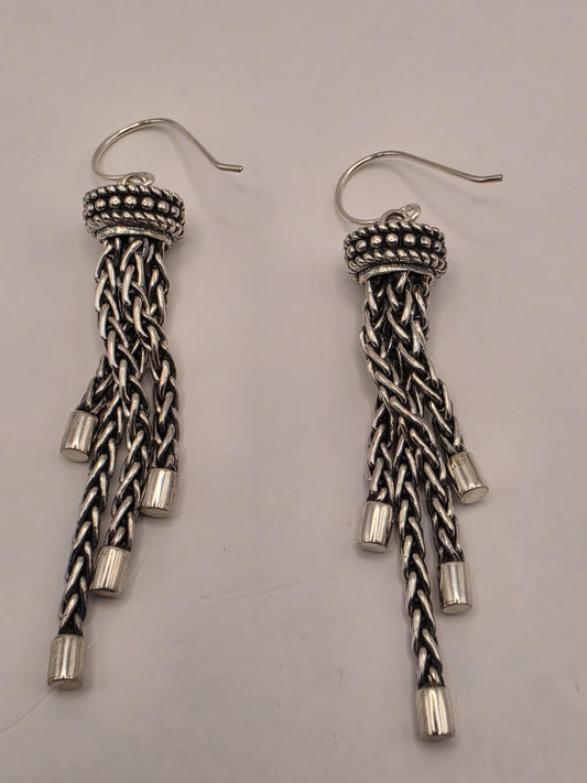 Sterling Silver Tassel Earrings Multi Strand Chain Dangle 2.25 Inch 14.7 Grams Oxidized Bali Statement Gift for Her