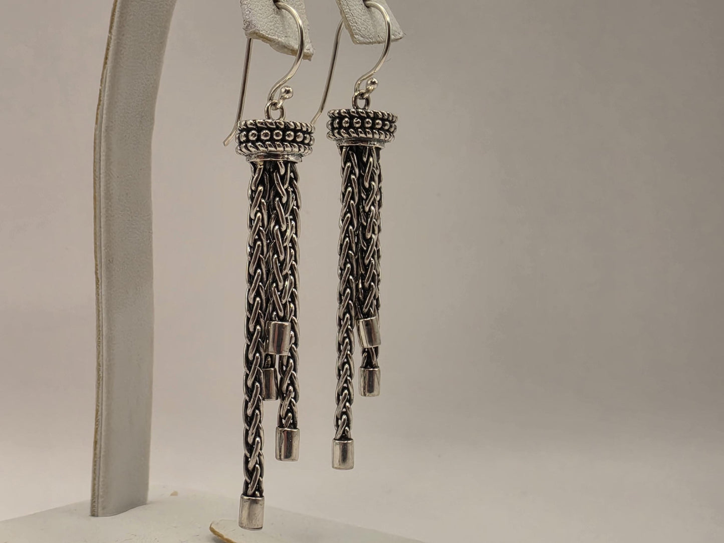 Sterling Silver Tassel Earrings Multi Strand Chain Dangle 2.25 Inch 14.7 Grams Oxidized Bali Statement Gift for Her