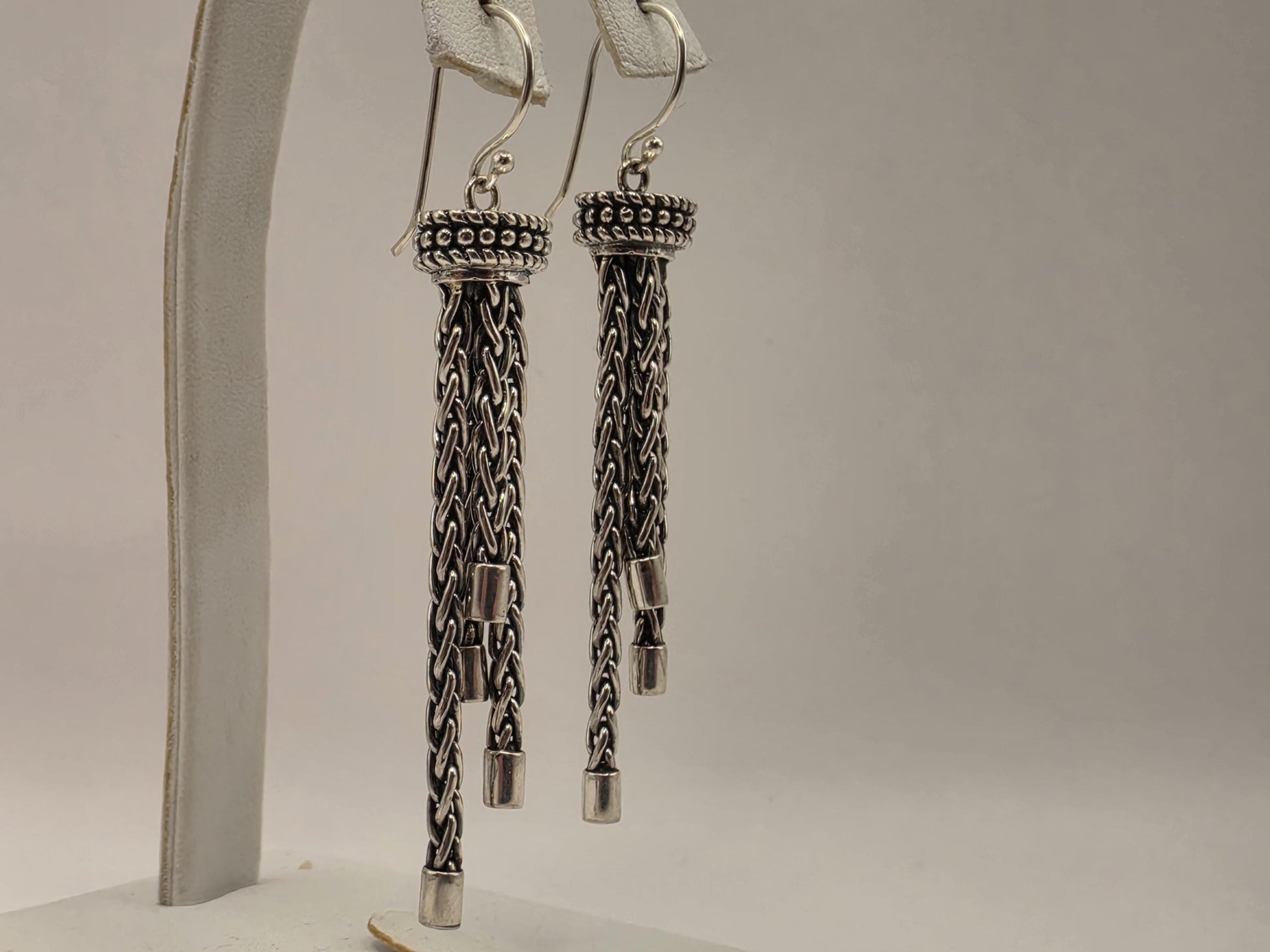 Sterling Silver Tassel Earrings Multi Strand Chain Dangle 2.25 Inch 14.7 Grams Oxidized Bali Statement Gift for Her