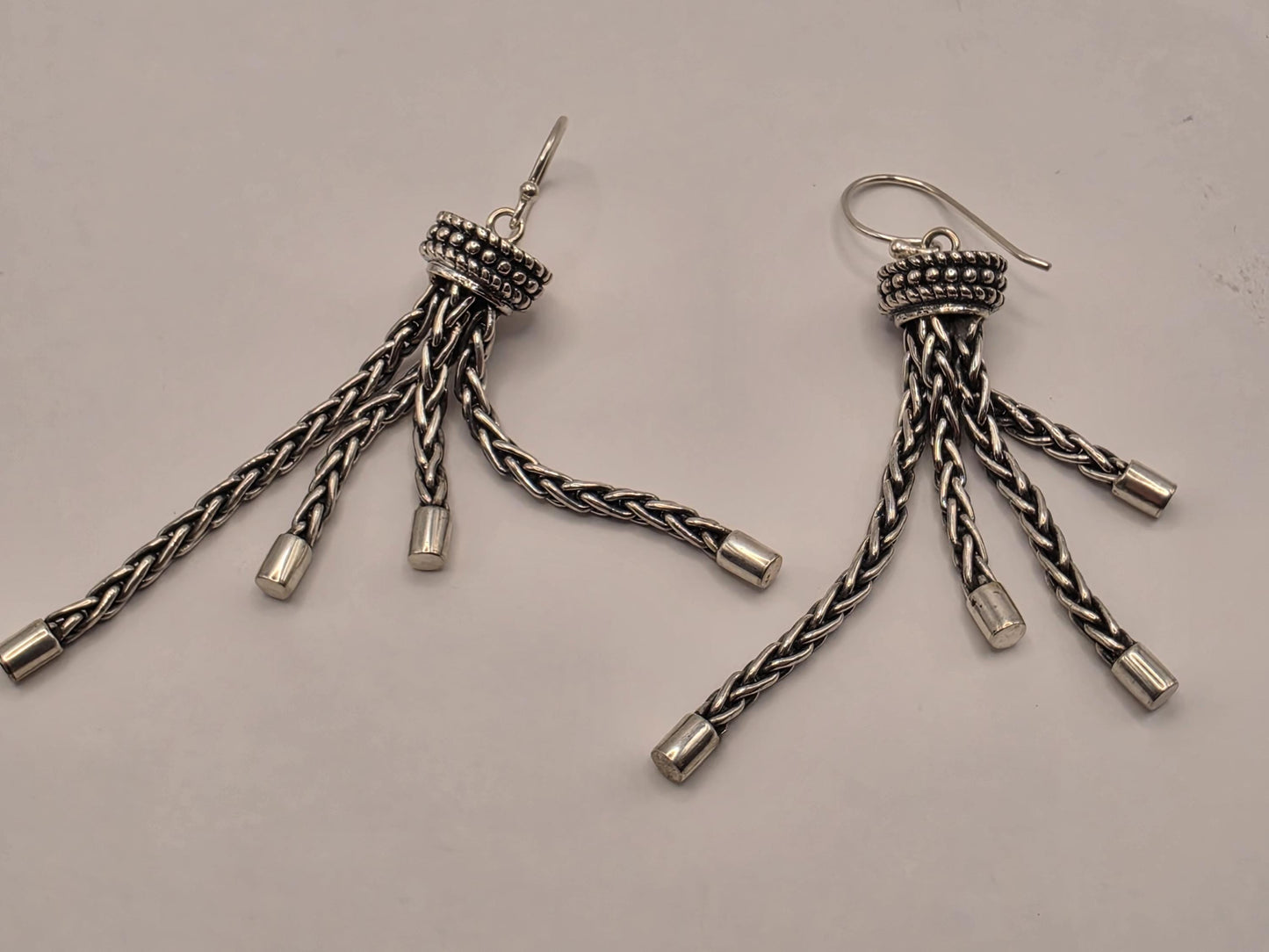 Sterling Silver Tassel Earrings Multi Strand Chain Dangle 2.25 Inch 14.7 Grams Oxidized Bali Statement Gift for Her