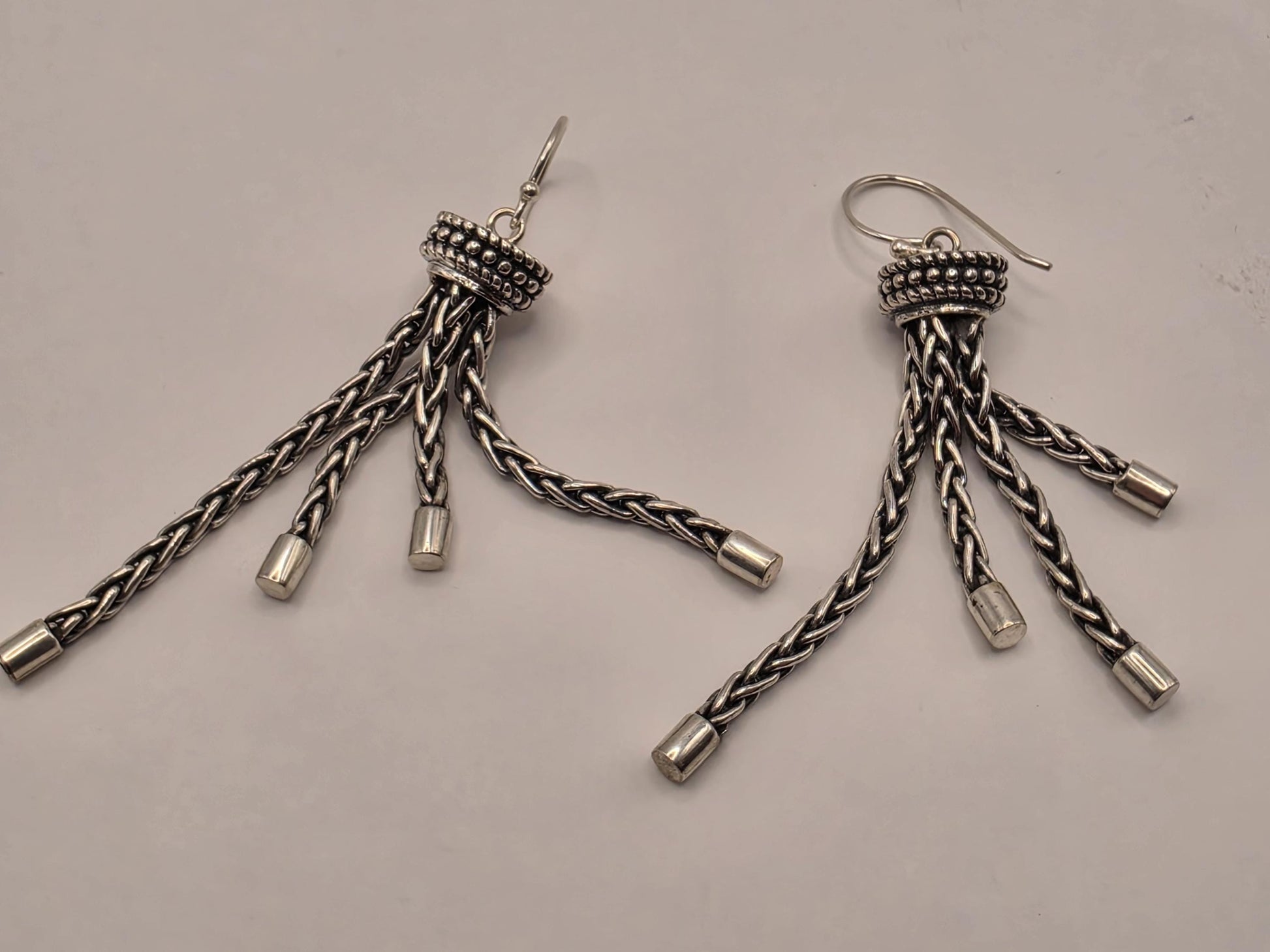 Sterling Silver Tassel Earrings Multi Strand Chain Dangle 2.25 Inch 14.7 Grams Oxidized Bali Statement Gift for Her