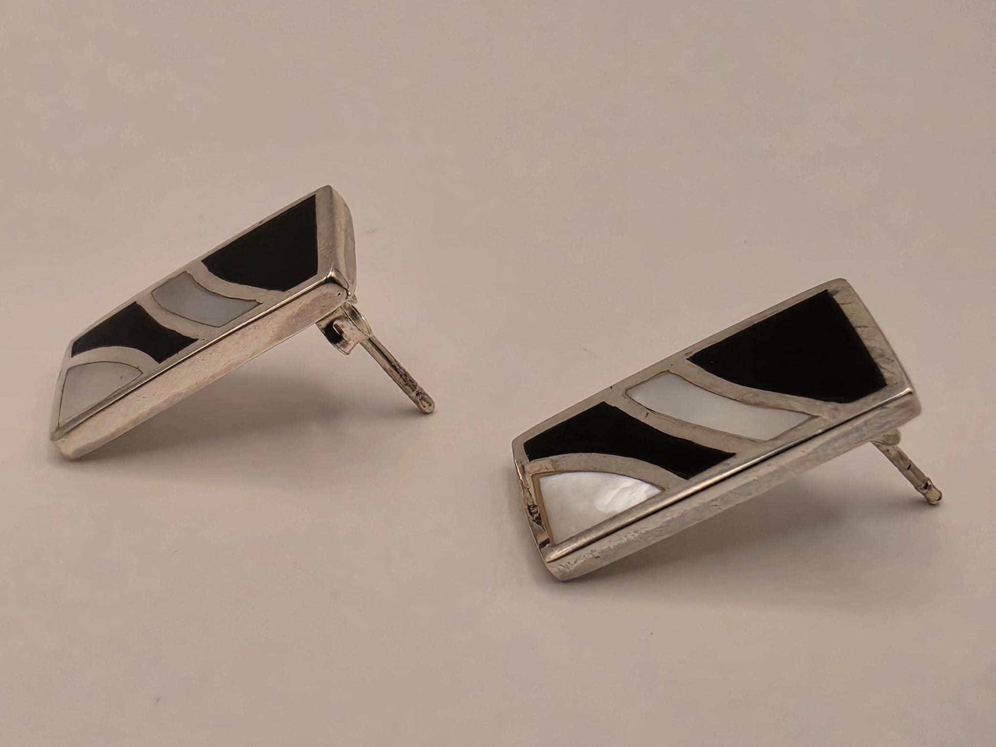 Mother of Pearl Black Onyx Stud Earrings Sterling Silver Geometric Inlay 0.75 Inch Art Deco Rectangle Gift for Her