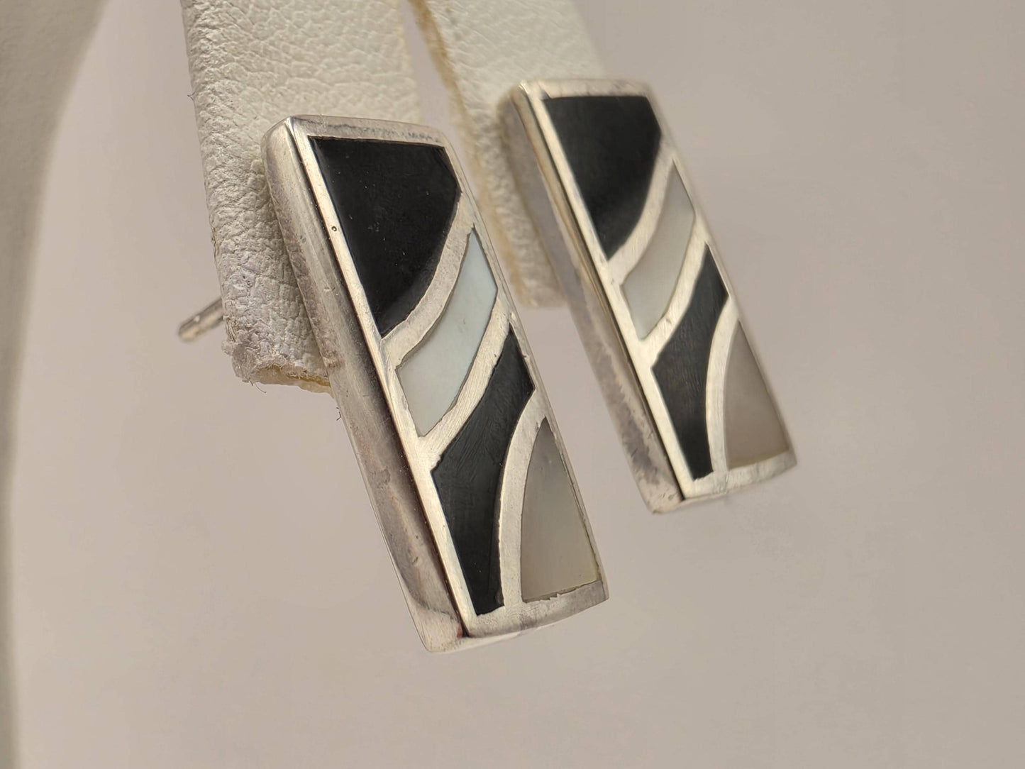 Mother of Pearl Black Onyx Stud Earrings Sterling Silver Geometric Inlay 0.75 Inch Art Deco Rectangle Gift for Her