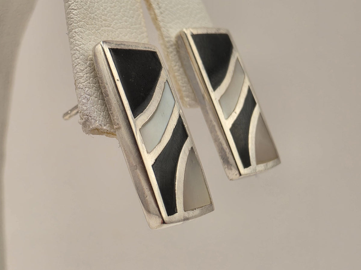 Mother of Pearl Black Onyx Stud Earrings Sterling Silver Geometric Inlay 0.75 Inch Art Deco Rectangle Gift for Her