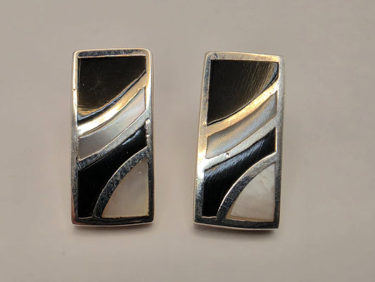 Mother of Pearl Black Onyx Stud Earrings Sterling Silver Geometric Inlay 0.75 Inch Art Deco Rectangle Gift for Her