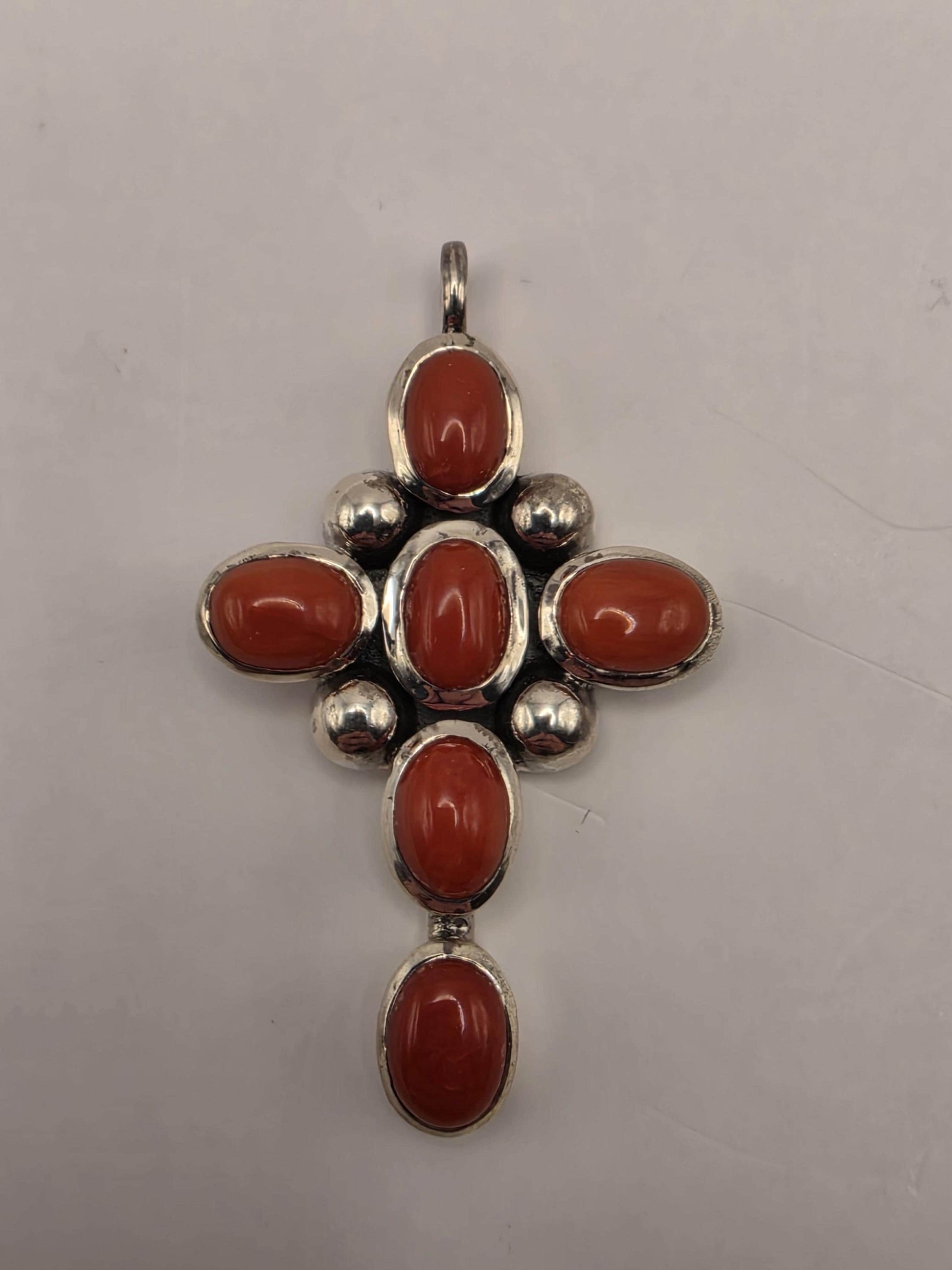 Carnelian Cross Pendant Sterling Silver Six Stone Cabochon 1.75 Inch 8.7 Grams Christian Faith Orange Red Gemstone Gift