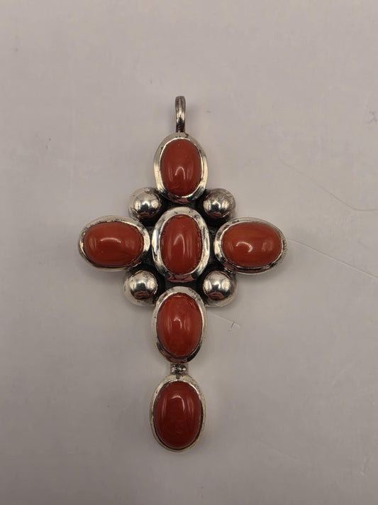Carnelian Cross Pendant Sterling Silver Six Stone Cabochon 1.75 Inch 8.7 Grams Christian Faith Orange Red Gemstone Gift