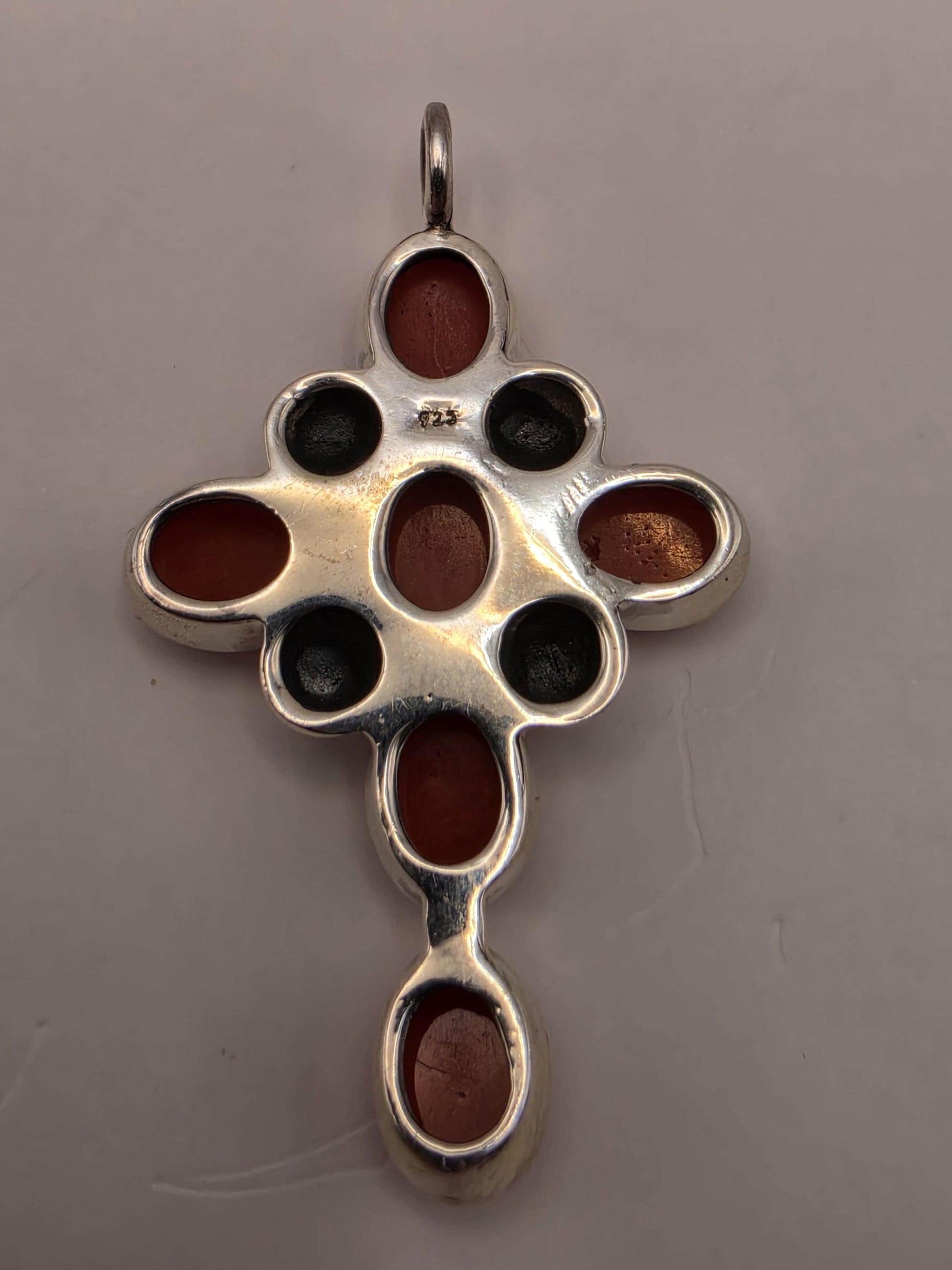 Carnelian Cross Pendant Sterling Silver Six Stone Cabochon 1.75 Inch 8.7 Grams Christian Faith Orange Red Gemstone Gift