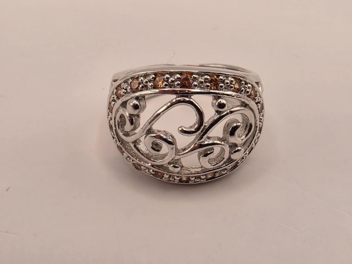 Citrine Ring Sterling Silver Filigree Scroll Band Size 8 8.2 Grams Yellow Gemstone November Birthstone Statement Ring