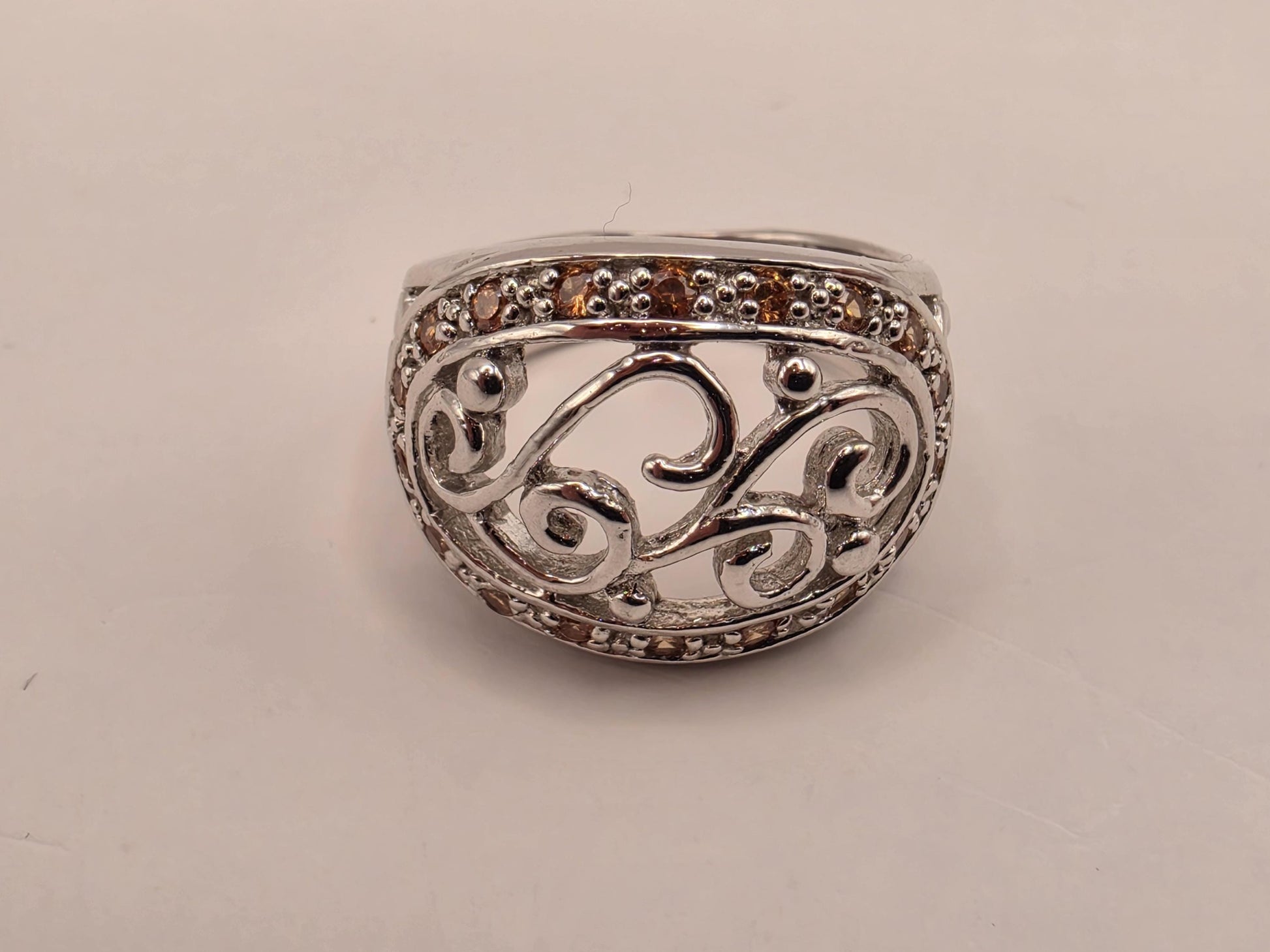 Citrine Ring Sterling Silver Filigree Scroll Band Size 8 8.2 Grams Yellow Gemstone November Birthstone Statement Ring