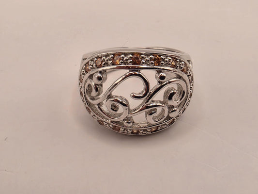 Citrine Ring Sterling Silver Filigree Scroll Band Size 8 8.2 Grams Yellow Gemstone November Birthstone Statement Ring