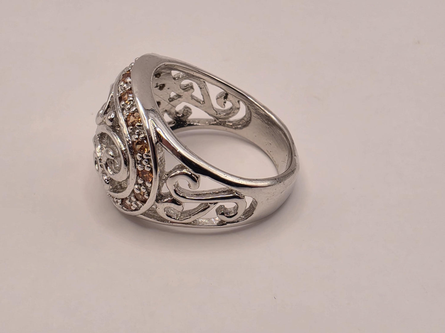 Citrine Ring Sterling Silver Filigree Scroll Band Size 8 8.2 Grams Yellow Gemstone November Birthstone Statement Ring