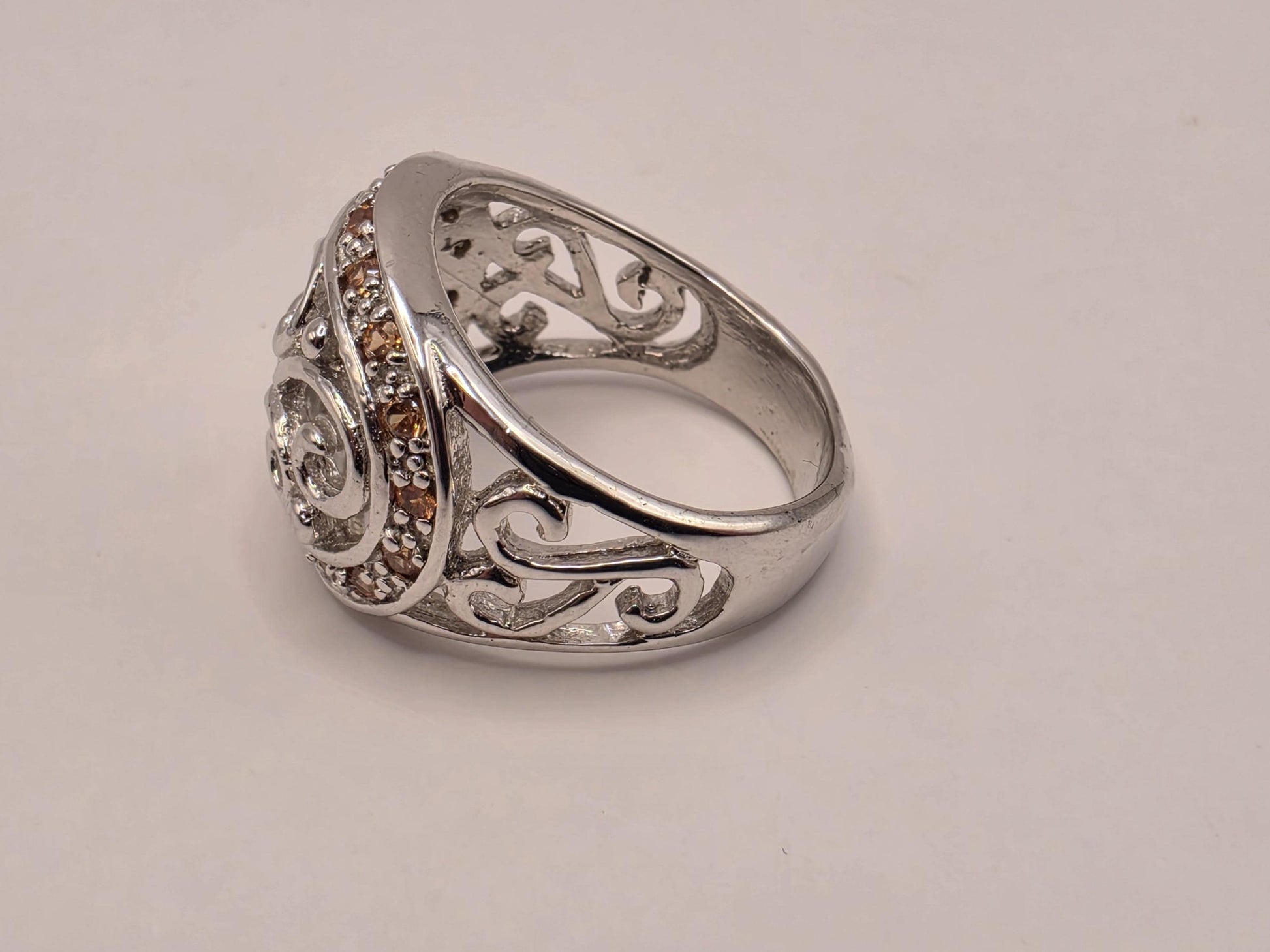 Citrine Ring Sterling Silver Filigree Scroll Band Size 8 8.2 Grams Yellow Gemstone November Birthstone Statement Ring
