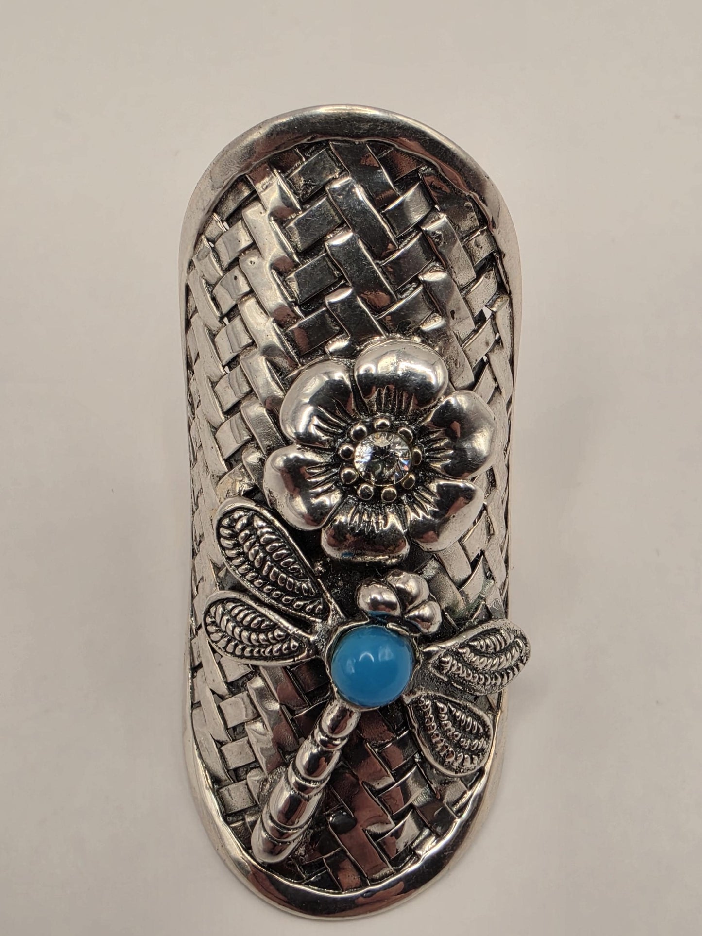Turquoise CZ Dragonfly Ring Sterling Silver Floral Shield Statement Size 6 9.2 Grams Nature Boho Gift for Her