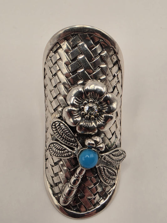 Turquoise CZ Dragonfly Ring Sterling Silver Floral Shield Statement Size 6 9.2 Grams Nature Boho Gift for Her